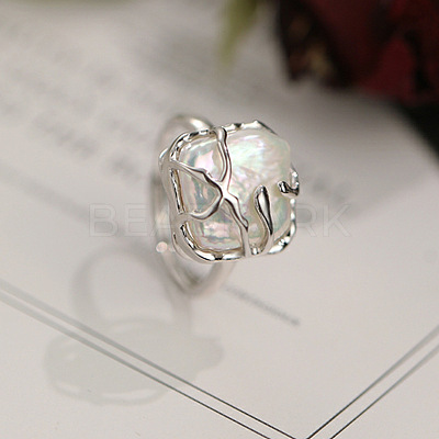Square Rhodium Plated 925 Sterling Silver with Natural Baroque Freshwater Pearl Finger Rings for Women FS-WGEDC89-01-1