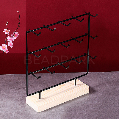 3-Tier 15-Hook Iron Jewelry Display Stands with Wooden Base PAAG-PW0008-003B-1