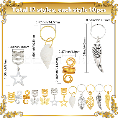 120Pcs 12 Styles Alloy & Iron Dreadlocks Hair Rings Decoration OHAR-SC0001-18B-1
