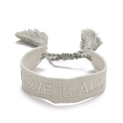 Word Love Is All Polycotton(Polyester Cotton) Braided Bracelet with Tassel Charm LS-BJEW-F429-05-1