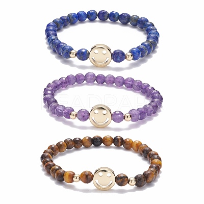 Faceted Round Natural Tiger Eye & Lapis Lazuli & Amethyst Beads Stretch Bracelets Set BJEW-JB07082-1