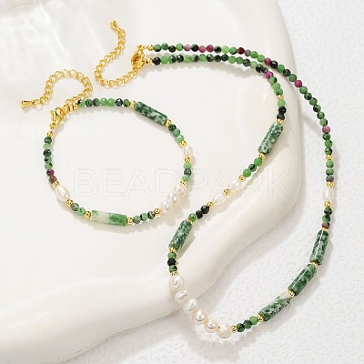 Faceted Round Natural Ruby in Zoisite & Column Green Spot Jasper & Freshwater Pearl Beaded Necklaces & Bracelets Sets for Women ZI1839-3-1