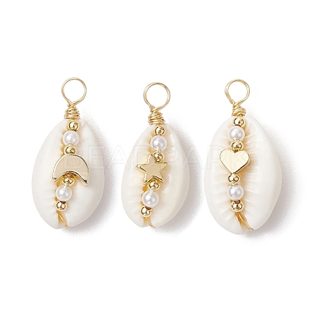 3Pcs 3 Styles Natural Cowrie Shell Copper Wire Wrapped Pendants PALLOY-JF02936-1