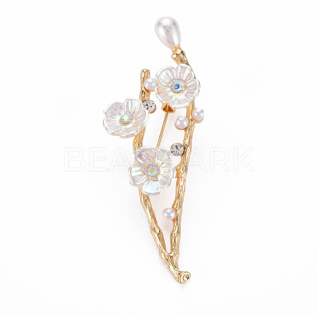 Plum Blossom with Branch Resin Brooch with Imitation Pearl JEWB-N007-023LG-FF-1