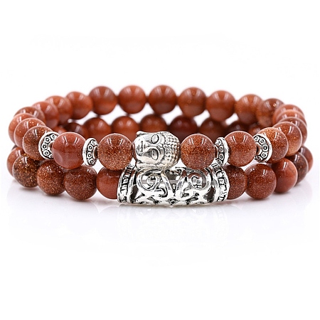 2Pcs 2 Style Synthetic Mixed Goldstone Stretch Bracelets Set with Alloy Buddha Head MATO-PW0001-074I-1