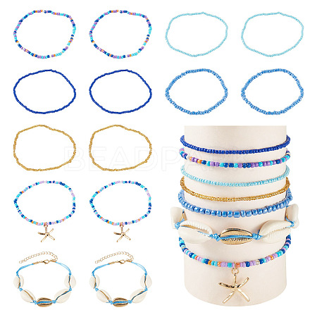 2 Bags Summer Beach Glass Seed Beaded & Natural Shell & Alloy Starfish Charm Anklet Sets AJEW-TA0003-69D-1