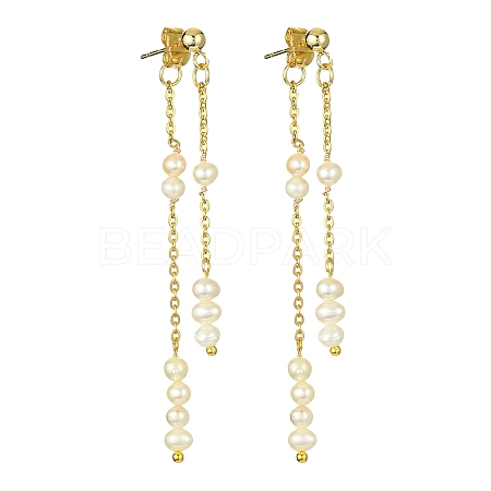 Natural Pearl Beaded Tassel Dangle Stud Earrings EJEW-JE05514-01-1