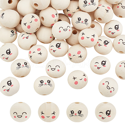 80Pcs 4 Styles Printed Wooden European Beads WOOD-PH0002-97-1