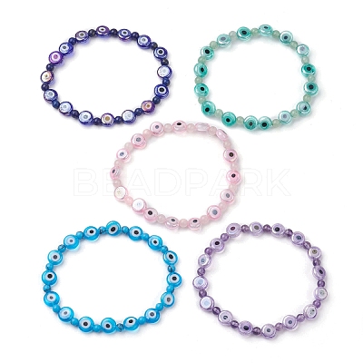 Mixed Gemstones Handmade Evil Eye Lampwork Beaded Stretch Bracelets BJEW-JB10208-1