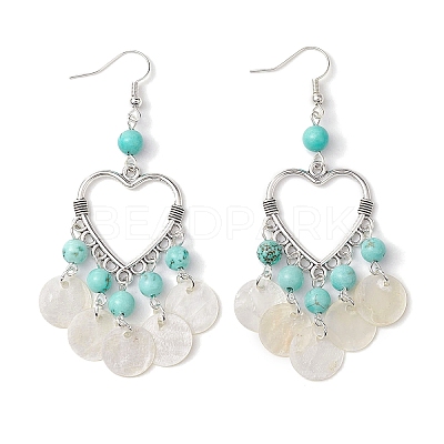 Heart Synthetic Turquoise & Capiz Shell Chandelier Earrings EJEW-TA00490-1