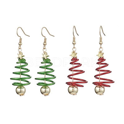 2 Pairs 2 Colors Christmas Tree Electroplated Synthetic Non-magnetic Hematite & Aluminum Wire Dangle Earrings EJEW-JE05908-1