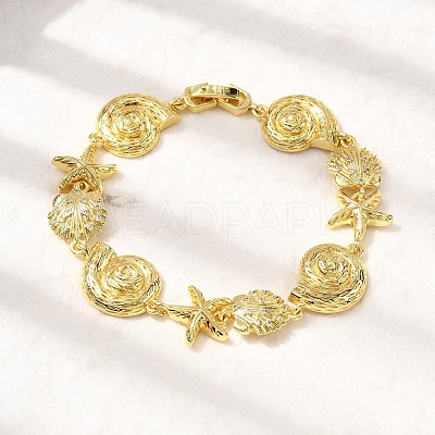 Summer Beach Brass Micro Pave Clear Cubic Zirconia Starfish & Shell Shape Link Chain Bracelets LS-BJEW-C118-02A-G-1