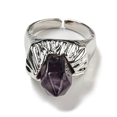 Hexagonal Prism Natural Amethyst Open Cuff Rings RJEW-B106-01P-04-1