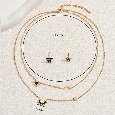 Stainless Steel Cubic Zirconia Star Moon Stud Earrings & Double Layer Necklaces Sets MH5763-1