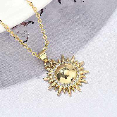 Brass Micro Pave Clear Cubic Zirconia Sun Pendant Necklaces for Women NJEW-S449-05B-G-1