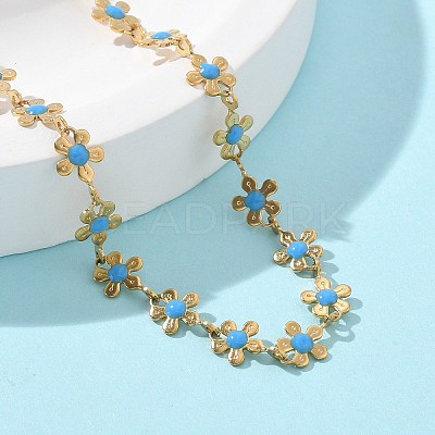 Bohemian 304 Stainless Steel Enamel Deep Sky Blue Flower Link Chain Necklaces for Women NJEW-Z061-01G-1