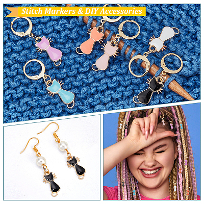Cat Alloy Enamel Pendant Locking Stitch Markers HJEW-AB00103-1