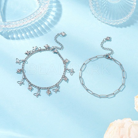 304 Stainless Steel Paperclip & Figaro Chain Bracelets for Women BJEW-JB12445-04-1