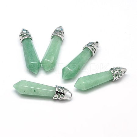 Bullet Platinum Plated Alloy Natural Green Aventurine Pointed Pendants G-F228-06G-RS-1