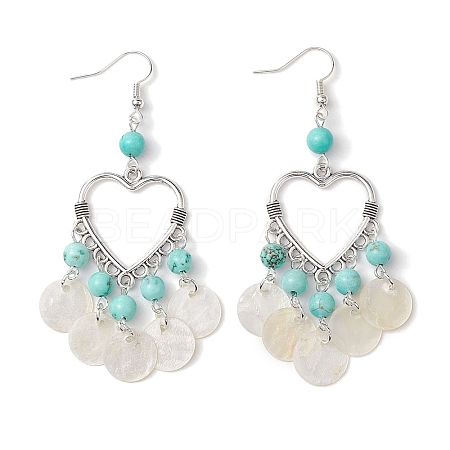 Heart Synthetic Turquoise & Capiz Shell Chandelier Earrings EJEW-TA00490-1