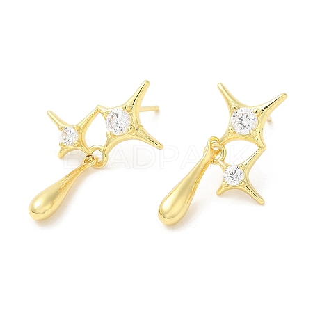 Rack Plating Brass Pave Cubic Zirconia Star with Teardrop Dangle Stud Earrings for Women EJEW-D059-25G-1