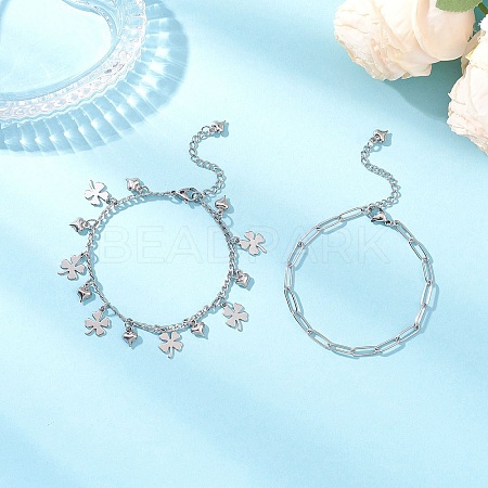 304 Stainless Steel Paperclip & Figaro Chain Bracelets for Women BJEW-JB12445-03-1