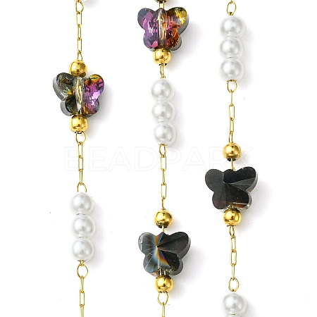 10M Ion Plating(IP) 304 Stainless Steel & ABS Plastic Pearl Bead & Butterfly Glass Link Chains CHS-G035-04G-01-1