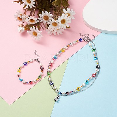 Natural Pearl and Evil Eye Jewelry Set with Bear Pendant SJEW-TA00004-1