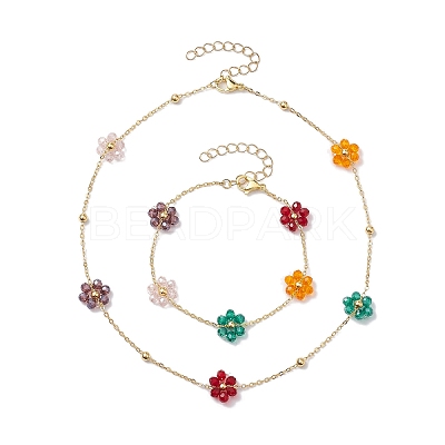 Glass Flower Links Bracelets & Necklaces Sets SJEW-JS01296-1