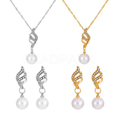 2 Colors Round Plastic Imitation Pearl & Crystal Rhinestone Dangle Stud Earrings & Pendant Necklace SJEW-HY0001-24-1