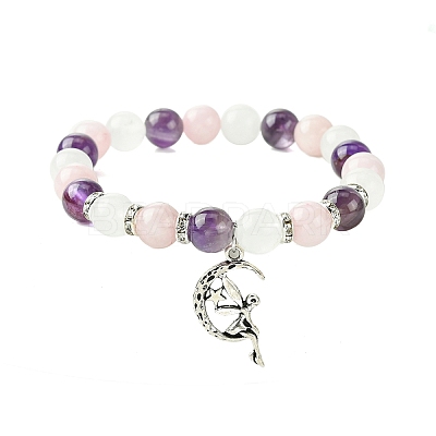 8mm Natural Rose Quartz & Quartz Crystal & Amethyst Round Beaded Stretch Bracelets BJEW-JB10738-02-1