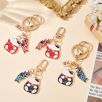 4Pcs 4 Styles Japanese Style Alloy Enamel Lucky Cat & Fish Pendant Keychain KEYC-GO0001-06-1