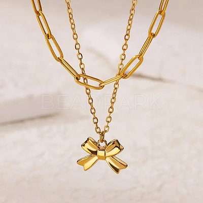 304 Stainless Steel Bowknot Pendant Necklaces NJEW-L182-001G-02-1