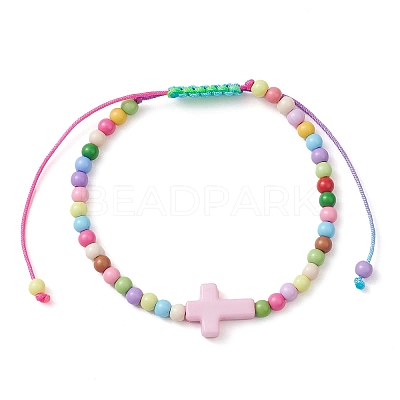 Cross & Round Acrylic Braided Bead Bracelets BJEW-JB10239-02-1