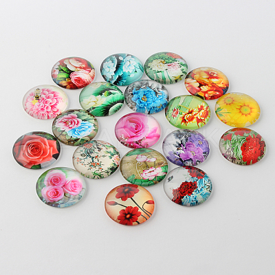 Flower Printed Glass Cabochons GGLA-A002-25mm-BB-1
