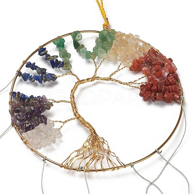 Chakra Flat Round with Tree of Life Wire Wrapped Wind Chimes HJEW-H054-01-1