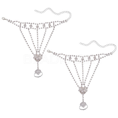 2Pcs Brass Rhinestone Chain Finger Rings Bracelet BJEW-ME0001-02-1