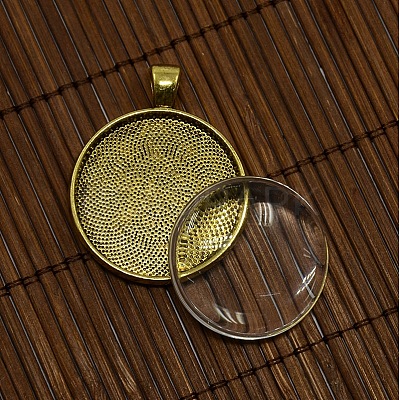 30mm Clear Glass Cabochons and Nickel Free Antique Golden Metal Alloy Pendant Cabochon Settings DIY-X0149-AG-NF-1