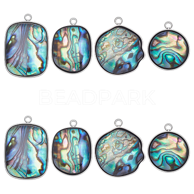 8Pcs 4 Styles 304 Stainless Steel Pave Natural Paua Shell Pendants STAS-UN0063-81-1