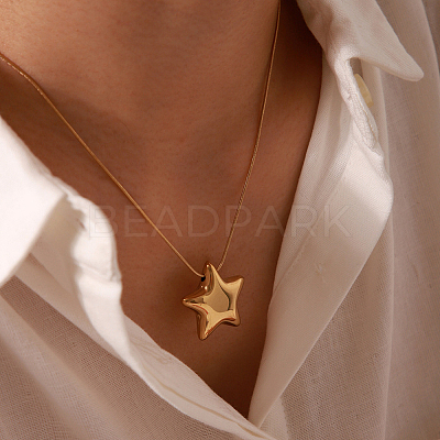 1Pc Star 304 Stainless Steel Pendant Round Snake Chain Necklaces NJEW-BBC0001-47G-1