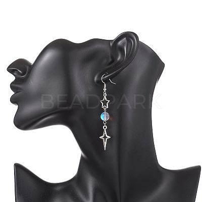 Star Alloy Synthetic Moonstone Bead Dangle Earrings EJEW-JE06790-1