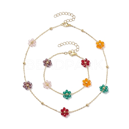 Glass Flower Links Bracelets & Necklaces Sets SJEW-JS01296-1