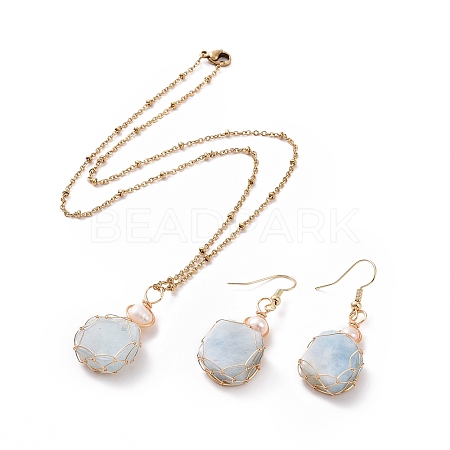 Natural Aquamarine Hexagon & Pearl Braided Pendant Necklace & Dangle Earrings SJEW-JS01263-1