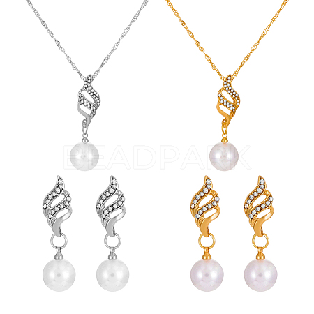 2 Colors Round Plastic Imitation Pearl & Crystal Rhinestone Dangle Stud Earrings & Pendant Necklace SJEW-HY0001-24-1