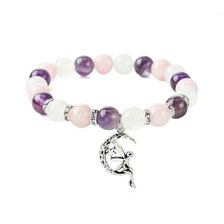 8mm Natural Rose Quartz & Quartz Crystal & Amethyst Round Beaded Stretch Bracelets BJEW-JB10738-02-1