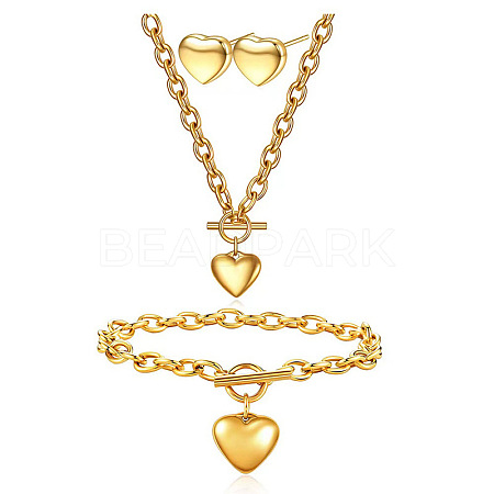 Heart 304 Stainless Steel Pendant Necklaces & Charm Bracelets & Stud Earrings Sets FS-WGBF13B-08-1