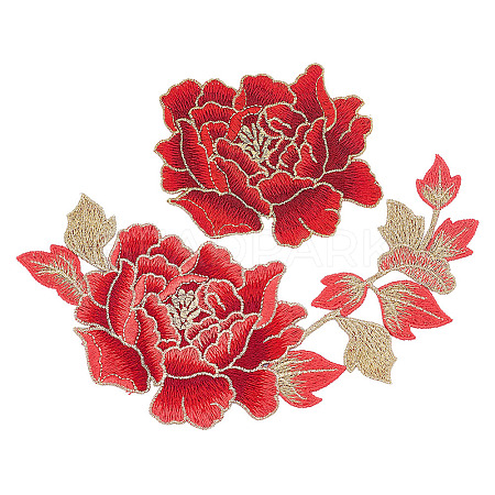 2Pcs 2 Style Peony Polyester Embroidery Sew on Clothing Patches PATC-NB0001-11C-1