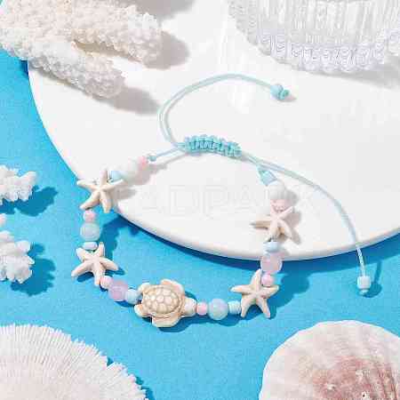 2Pcs Starfish & Turtle Dyed Natural Malaysia Jade & Synthetic Turquoise Braided Bead Bracelet BJEW-JB09950-S-1