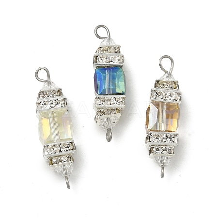 3Pcs 3 Colors Electroplate Glass Cube & Brass Crystal Rhinestone Connector Charms PALLOY-JF04407-1