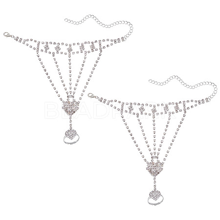 2Pcs Brass Rhinestone Chain Finger Rings Bracelet BJEW-ME0001-02-1